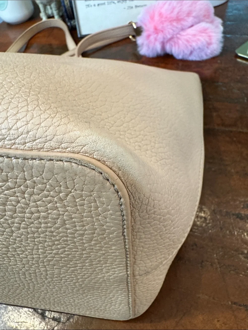 Tory Burch Pebbled Leather Tote with Pink Fur Charm